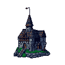 A solitary, medieval stone castle with a tall tower and dark roofs rises against a stark black void, its weathered walls hinting at a forgotten history.