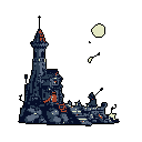 A foreboding, gothic-inspired castle, silhouetted against the night sky, stands as a beacon of mystery and power. Warm lights flicker from its windows, hinting at life within the ancient, formidable structure.
