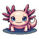 This pixel art showcases an incredibly cute axolotl with wide, sparkling blue eyes and feathery pink gills, its sweet smile radiating charm. The plump, pale pink salamander sits on a simple dark ground, ensuring all attention remains on its adorable features.