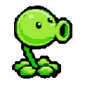This pixel art features a determined Peashooter from Plants vs. Zombies, rendered in vibrant shades of green. The iconic plant is ready to fire, its simple design evoking a nostalgic, game-like charm.