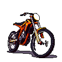 A vibrant, pixelated dirt bike pops against a stark black backdrop, its orange and black design hinting at off-road adventures. The detailed motorcycle, rendered in a high-contrast style, showcases a modern and technical aesthetic.