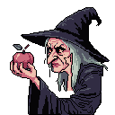 A sinister pixel art witch offers a tempting apple with a malevolent grin, her pale face and dark attire creating an ominous and unsettling scene.