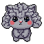 This adorable pixel art features a fluffy, grey, chibi-style creature with big, pleading eyes and rosy cheeks. The lamb or dog-like animal is presented in a simple, yet endearing pose, radiating cuteness.