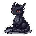 This pixel art features an adorable baby dragon with captivating red eyes, rendered in dark, muted tones that give it a cool edge. The dragon's gentle expression and compact pose create a sense of warmth and curiosity.