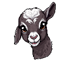 This pixel art portrait captures the endearing innocence of a young goat with fluffy white markings and bright, expressive eyes. The dark brown kid looks up with a curious tilt, evoking a sense of warmth and tenderness.