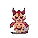 A mischievous, chibi-style demon with sharp teeth and vibrant red accents grins playfully in this pixel art image. The creature, with bat-like wings and clawed feet, exudes a cute yet unsettling vibe.