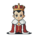 A pixelated royal figure, adorned in rich reds and golds, stands solemnly against a black background. The detailed crown and flowing robe emphasize their regal status, while their neutral expression hints at a quiet melancholy.