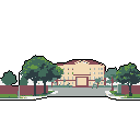 This pixel art showcases a stately, symmetrical building, perhaps a school, rendered in muted tones and framed by lush trees. The scene evokes a sense of quiet dignity and timeless architecture.