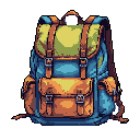 This detailed pixel art showcases a teal and brown backpack, packed and ready for adventure, rendered with earthy tones and a nostalgic charm. The design emphasizes its sturdy construction and suggests a history of use, making it a captivating standalone item.