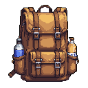 This pixel art showcases a detailed, worn brown backpack, complete with strapped pockets and bottles filled with blue and yellow liquids. The sturdy design and warm color palette evoke a sense of adventure and readiness.