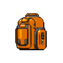 This pixel art showcases a detailed, orange and gray industrial backpack, rendered with a focus on its compartments, straps, and functional design elements. The sprite presents a clear, almost technical view of the object.