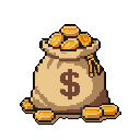 This pixel art depicts a bulging sack overflowing with gold coins, symbolizing wealth and prosperity. The earthy tones of the sack contrast with the vibrant gold of the coins, creating a visually striking image. Its clean, detailed style suggests a fantasy or game-related icon.