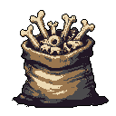 A pixel art image features a bulging burlap sack overflowing with bones, including a skull fragment, set against a stark black backdrop. The earthy color palette and simple style create a somber, slightly unsettling scene evoking themes of death or macabre treasure.