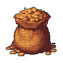A pixelated jute sack, bursting with golden grains, dominates the frame, suggesting rustic abundance. The warm, earthy tones and simple design evoke a sense of stored resources in a historical or fantasy setting.