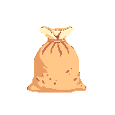 A pixel art burlap sack, cinched closed with a simple tie, is rendered in earthy tones, evoking a sense of rustic storage. The textured surface suggests a rough weave, hinting at hidden contents within.