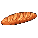 A pixelated baguette, rendered in warm oranges and browns, floats against a black void, evoking classic 8-bit food icons. The simple design highlights the bread's scoring and crispy crust with nostalgic charm.