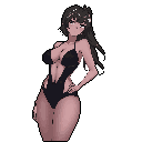 This pixel art features a stylish anime-inspired woman in a black swimsuit, striking a confident pose. Her coy expression and flowing dark hair add a touch of playful charm.