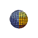 This pixel art features a striking, stylized sphere divided into cool blue and warm yellow/orange halves, resembling a retro-futuristic disco ball or abstract planet. The grid-like texture and contrasting colors create a captivating focal point.