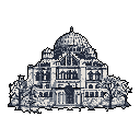 This pixel art showcases a majestic synagogue or historical building, rendered in grayscale with intricate detail and framed by barren trees. The monochromatic palette and stark lighting evoke a sense of quiet grandeur and historical depth.