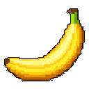 A vibrant yellow banana, rendered in charming pixel art with brown and green accents, is showcased in profile against a stark black background. The simple, clean design evokes a touch of nostalgia while highlighting the fruit's natural form.