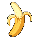 This pixel art piece showcases a partially peeled banana against a stark black background, rendered in simple yet appealing yellows and browns. The retro-style image evokes a sense of simplicity and nostalgic charm.