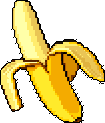 This pixel art image features a diagonally positioned banana, partially peeled to reveal its pale yellow fruit against a stark black background. The simple, graphic style focuses solely on the bright, naturalistic colors and textures of the fruit itself.