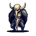 A mysterious, blue-green feathered humanoid with a bone skull mask stands alone, its ominous presence heightened by the dark background. This unsettling pixel art creature evokes a shamanistic fantasy with its striking design.