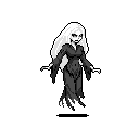 A haunting pixel art image showcases a ghostly female figure with large, dark eyes and a sinister expression. The grayscale palette and stark black background enhance the ominous and spectral vibe of this eerie character.