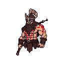 This pixel art depicts a battle-hardened barbarian, his muscular frame spattered with crimson blood, suggesting a fierce and recent struggle. The stoic warrior, adorned with a horned helmet, exudes strength and grim determination.