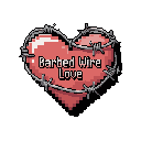 This pixel art depicts a stylized anatomical heart, representing love, painfully entwined with barbed wire and emblazoned with the phrase "Barbed Wire Love," evoking a mix of affection, pain, and resilience.