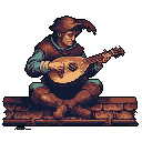 A lone figure, rendered in rustic pixel art, sits absorbed in playing a lute-like instrument, their contemplative pose and muted colors evoking a sense of quiet melancholy.