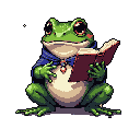 A charming pixel art image depicts an anthropomorphic frog engrossed in reading a book. The scholarly frog, adorned with a blue cape and golden pendant, exudes a whimsical and peaceful vibe.