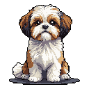 This pixel art image features a seated, fluffy Shih Tzu with a gentle, slightly melancholic expression. Rendered in warm browns and creams against a muted background, the dog's earnest gaze evokes a feeling of quiet companionship.