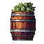 A pixel art image showcases a rustic wooden barrel overflowing with vibrant green foliage. The detailed rendering of the barrel and its leafy contents evokes a sense of nature and traditional craftsmanship. Set against a stark black background, the simple yet striking image feels reminiscent of items found in fantasy or historical games.