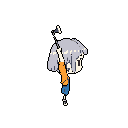This pixel art sprite features a determined female character in a dynamic pose, wielding a white object and ready for adventure. Her vibrant, retro color palette pops against the stark black background, evoking classic 8-bit action.