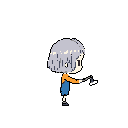 A pixel art woman with light gray hair and orange overalls strides forward, her mouth open and hand extended, as if singing or presenting a mysterious white object. Set against a stark black void, the minimalist design evokes a retro game aesthetic and hints at an unseen narrative.