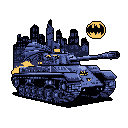 This pixel art showcases a heavily armored, Batmobile-inspired tank, complete with a cape-like structure and subtle Batman logo. Set against a dark urban backdrop, the imposing vehicle is ready for action under a moon emblazoned with the iconic bat symbol.