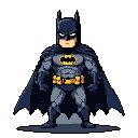 Pixel art Batman stands ready for action, a stoic figure in shades of gray and black, punctuated by the iconic yellow bat symbol. The retro style and dark palette create a serious and nostalgic portrayal of the Caped Crusader.