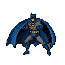 This pixel art image captures Batman in a classic comic book pose, ready for action. The retro style highlights his iconic costume and determined expression, evoking a sense of nostalgic heroism. He stands poised and focused in a solid black void to emphasize his form and costume.