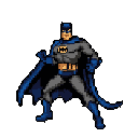 This pixel art captures Batman in a classic, action-ready pose, showcasing his iconic suit with contrasting greys, blues, and a pop of yellow. The image evokes a sense of nostalgic heroism and unwavering resolve.
