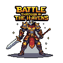 A powerful knight in dark armor, accented with gold and red, stands ready for "BATTLE THROUGH THE HEAVENS," wielding a sword and scepter with determined resolve. This pixel art evokes a fantasy adventure filled with epic battles.