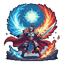 A heroic knight in shining armor stands ready for battle, wielding a large sword amidst swirling arcs of mystical energy, flames and ice. This dynamic pixel art evokes a sense of epic fantasy and adventure.