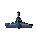 A pixel art warship, rendered in cool blue-grey tones, faces the viewer head-on, showcasing its imposing turrets and detailed superstructure. The classic pixelated style evokes a sense of retro gaming and military power.