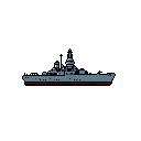This pixel art battleship, rendered in shades of gray with red accents, evokes a sense of historical naval power. The retro 8-bit style highlights the ship's formidable gun turrets and towering superstructure.