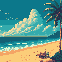 A lone figure sits peacefully facing the ocean in this pixel art beach scene, evoking a sense of tranquility and quiet contemplation. A large palm tree and vast, textured sky complete the calming, nostalgic tropical image.
