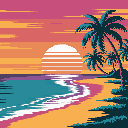 Escape to a retro paradise with this pixel art sunset scene featuring vibrant palm trees silhouetted against a vaporwave sky over a tranquil beach. The nostalgic colors and shimmering water create a peaceful yet energetic vibe.