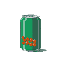 A lone green soda can, adorned with orange berries, stands out against a black backdrop. The pixelated design emphasizes its simple, isolated form.