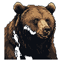 This pixel art portrait captures a curious brown bear gazing intently forward. The close-up composition and limited color palette emphasize the bear's dignified presence against a stark black void.