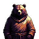 This pixel art depicts a serene, monk-like bear, robed and adorned with prayer beads, gazing calmly at the viewer. The character's contemplative expression and the dramatic lighting create an aura of quiet wisdom.