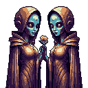 Ethereal twins in hooded robes tenderly cradle a delicate flower, their pale blue-green faces and symmetrical pose creating a mysterious and contemplative scene.
